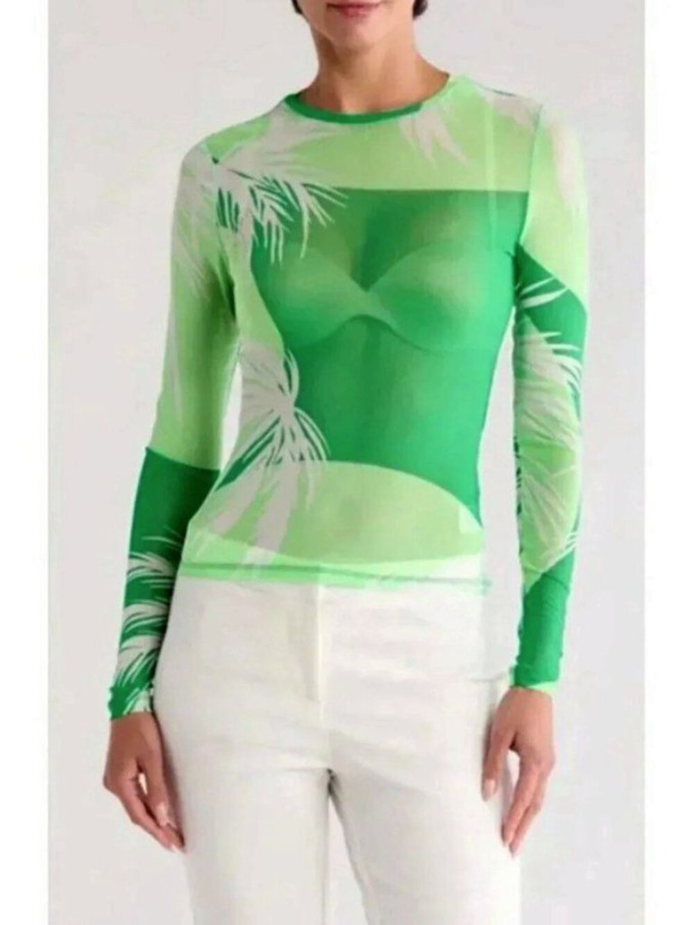 AFRM Los Angeles Sunny Sheer Green Palm Print Long Sleeve Top Tee Size XS